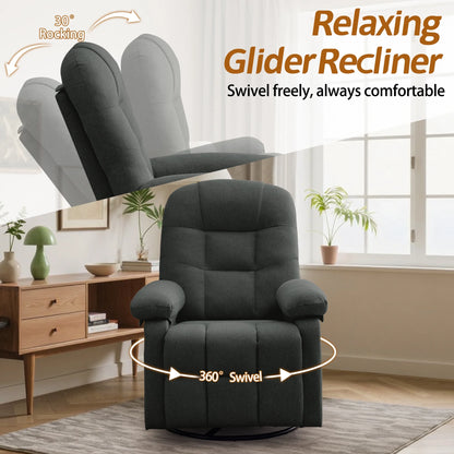 Korser Manual Swivel Rocker Recliner Chair for Living Room,Small Recliner Sofa for Small Spaces,Linen Fabric,Dark Black