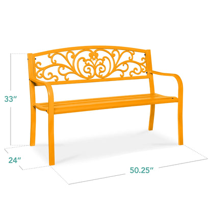 Best Choice Products Outdoor Steel Bench Garden Patio Porch Furniture w/ Floral Design Backrest - Black