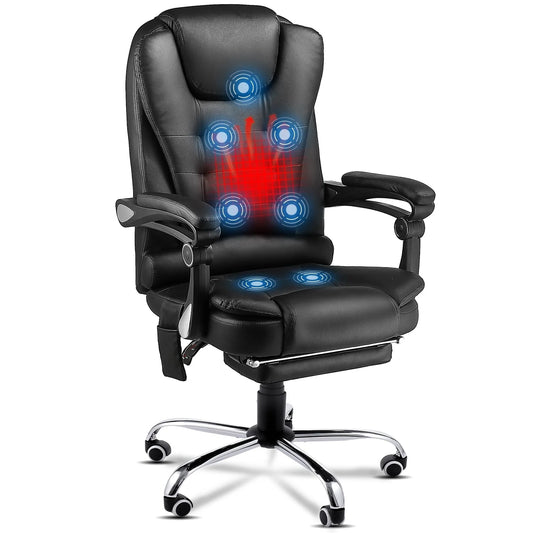 YODOLLA Ergonomic Office Chair with Heated 7 Points Massage Retractable Footrest, High Back Swivel Leather Chair Big and Tall Heated Reclining Office Chair, Black
