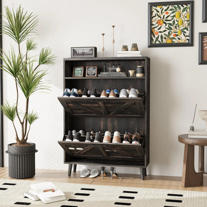 Veanerwood Shoe Cabinet with 2 Flip Drawers Farmhouse Shoe Storage Cabinet Organizer for Entryway, Gray