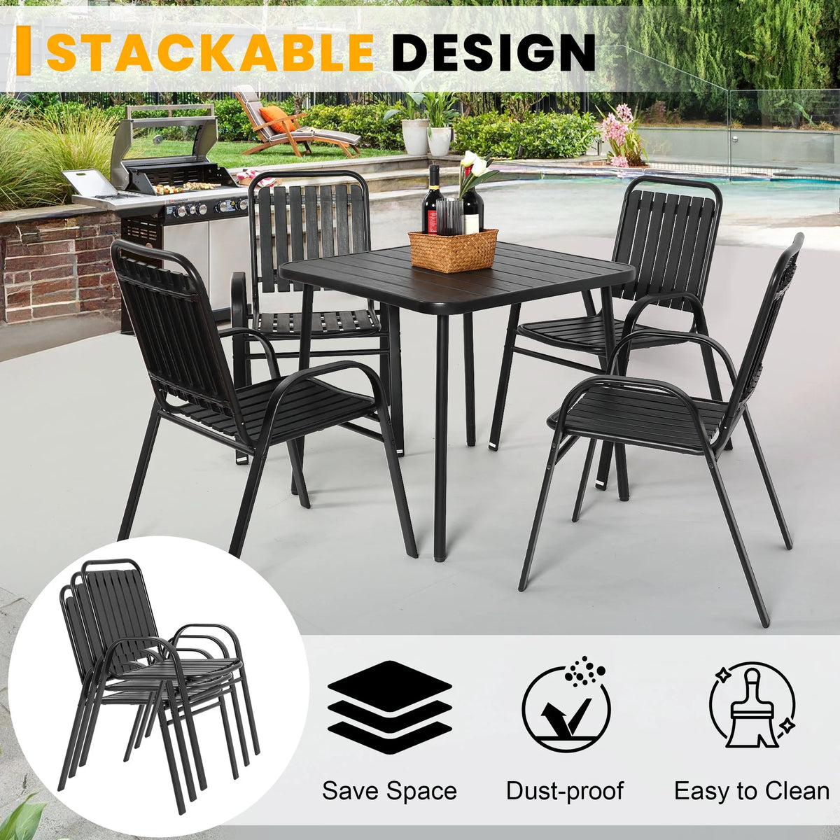Seizeen 7-Piece Outdoor Table and Chairs, Patio Table Set with 6 Rattan Chairs, All-weather Outdoor Patio Dining Sets Rectangular Metal Table with Acacia Wood Top, Umbrella Hole, Gray