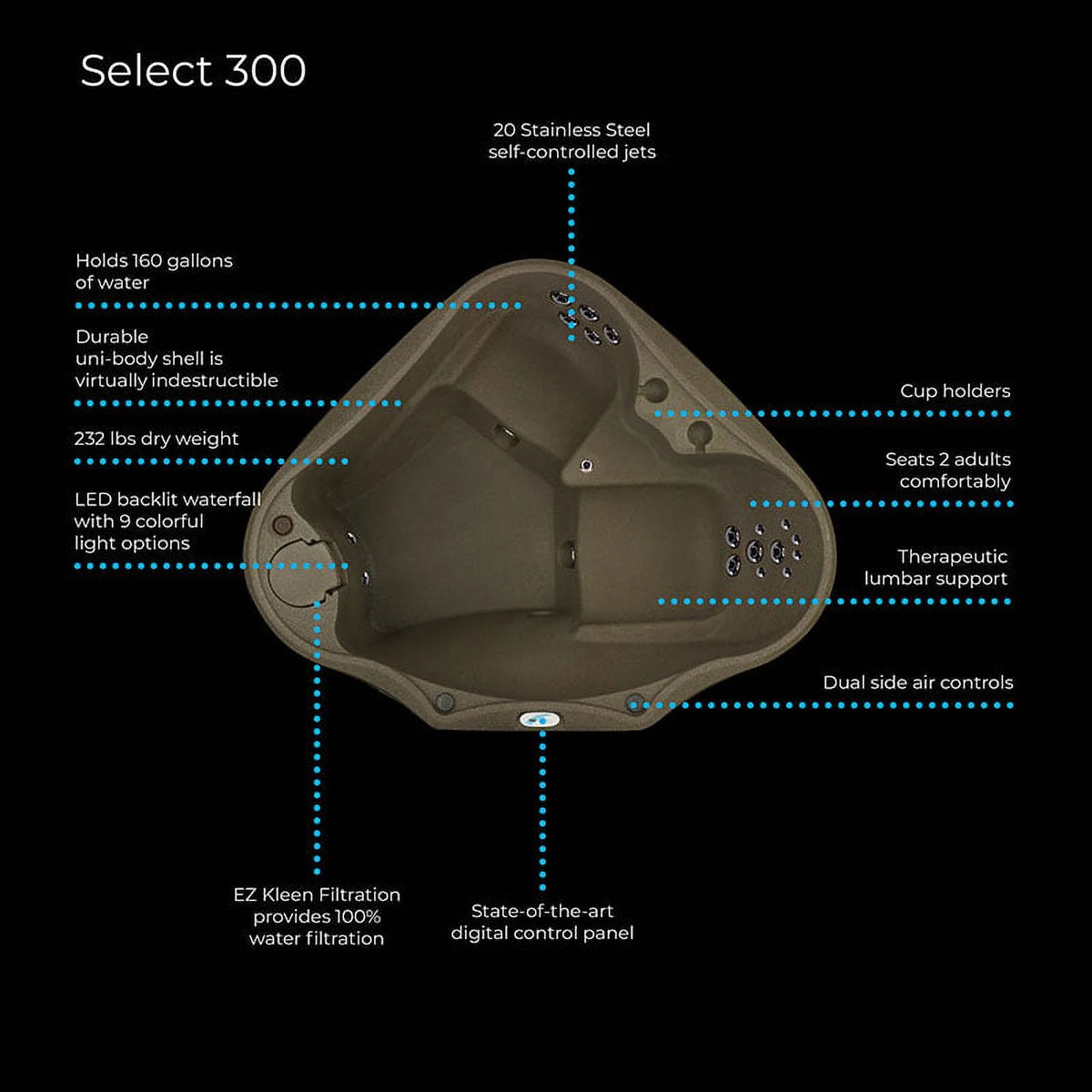 Aquarest Spas AR-300 Premium 2-Person, 20-Jet Oval Plug and Play Hot Tub with Ozonator - LED Waterfall - 2hp pump - Graystone