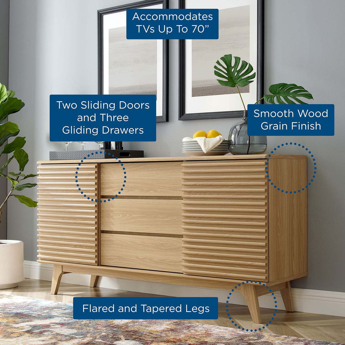 Modway Render 63" Sideboard Buffet Table or TV Stand in Oak