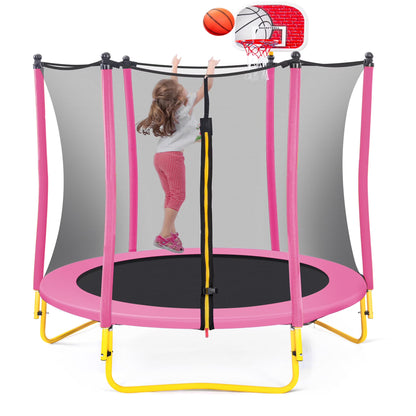 Leuco 66" Kids Trampoline with Basketball Frame, Rubber Ball and Enclosure Net, 5.5ft Mini Small Toddler Trampoline Toys for Indoor and Outdoor Use, Age for 1-8 years old