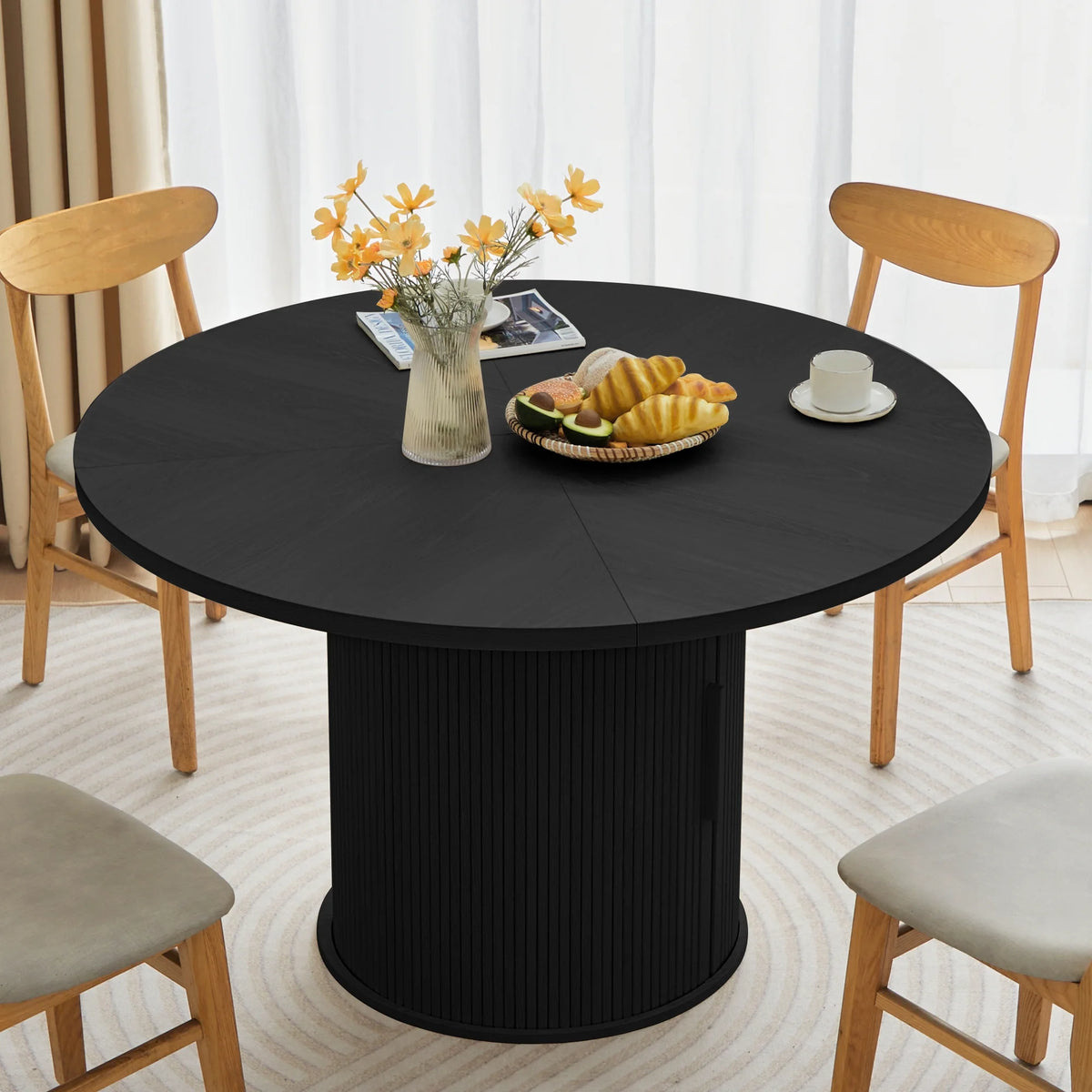 Wirrytor Round Dining Table, Modern Farmhouse Kitchen Table, 47 Inch Coffee Circle Dining Tables with Wood Strip Base for Kitchen Living Room, Black