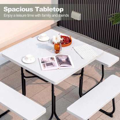 Costway Outdoor 8-person Square Picnic Table Bench Set with 4 Benches & Umbrella Hole White