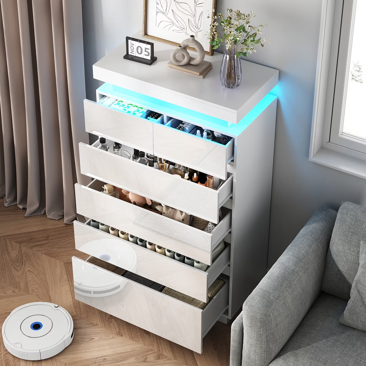 NEGYLIM 6 Drawer White Dresser, High Gloss Dresser with LED Light for Bedroom, Living Room, Hallway, Easy Assembly