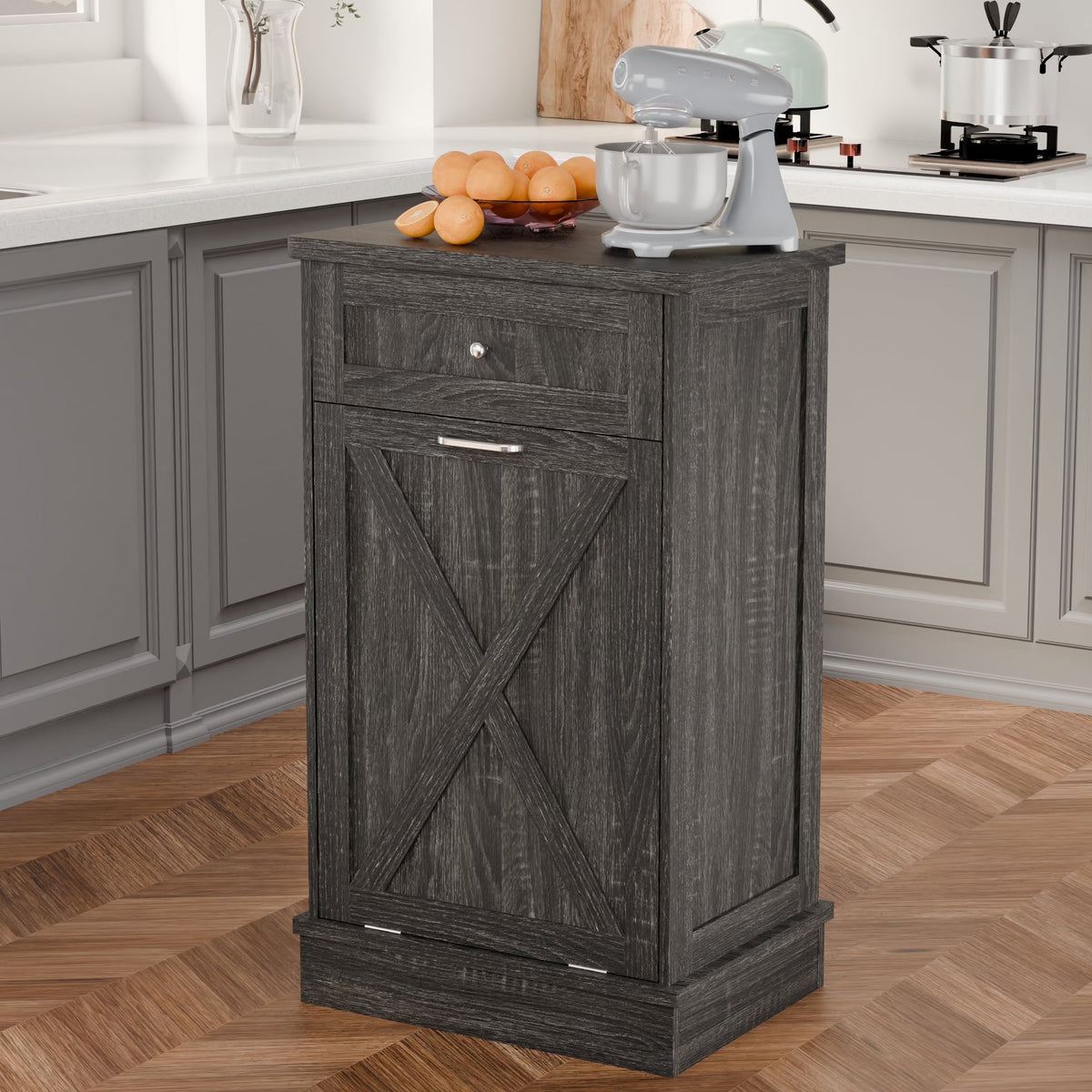 Tolead Double Tilt Out Trash Cabinet, Wooden Free Standing Laundry Sorter Cabinet, with Hideaway Drawer, White