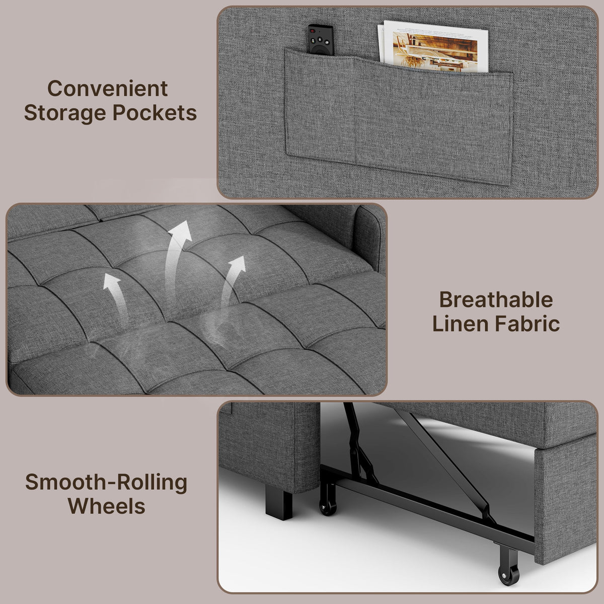 Sofa Bed, Lofka 3-in-1 Convertible Sleeper Sofa with Storage, Adjustable Backrest & Pull Out Function - Sleeper Chair for Small Space, Apartment, Dark Grey