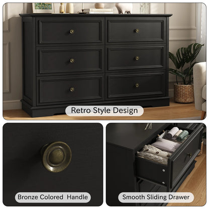 IDEALSOUL Black Dresser,6 Drawer Dresser for bedroom,Retro Wood Storage Cabinet for Living Room