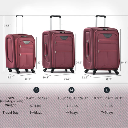 EUROCO 3 Piece Softside Luggage Set,Expandable Suitcase Set with TSA Lock and Spinner Wheels,Lightweight Suitcase for Men Women(20",24",28"),Black