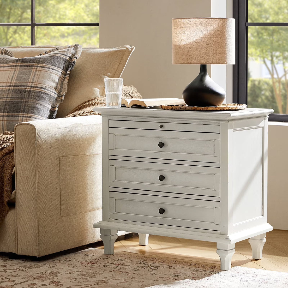 Farmhouse 3 Drawers Nightstand with Tray Bedside Table with Charging Station Acorn