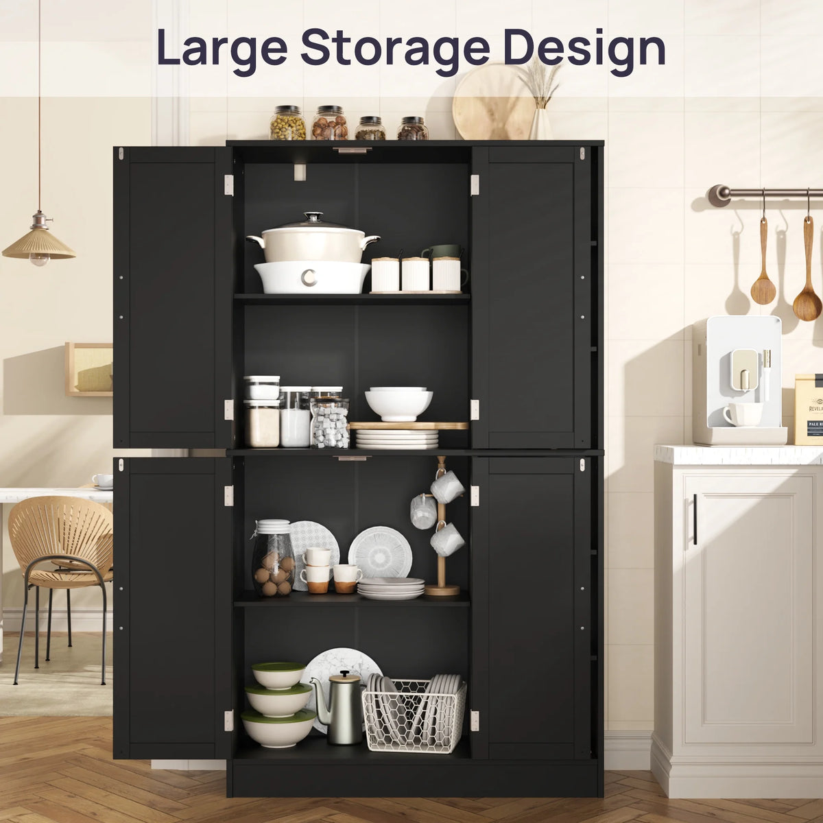 63" Tall Kitchen Pantry, Kitchen Pantry Cabinet with 4 Doors and Adjustable Shelves, Storage Cabinet for Dining Room, Laundry Room, Oak