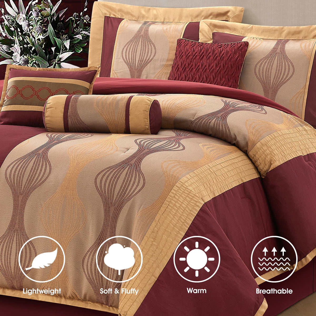 Lanco Elegant Black and Gold Comforter Set,Striped, 7 Pieces Jacquard Bedding Sets with Comforter for All Season, Bed Skirt, Pillows & Shams, Queen Size, Lightweight Microfiber