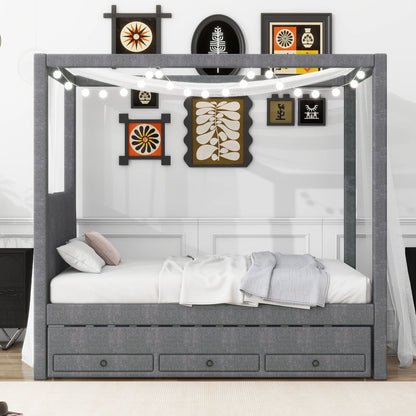 Harper & Bright Designs Twin Size Upholstery Canopy Platform Bed with Trundle and 3 Storage Drawers, Captain Platform Bed Frame with 4-Poster Canopy Roof, Beige