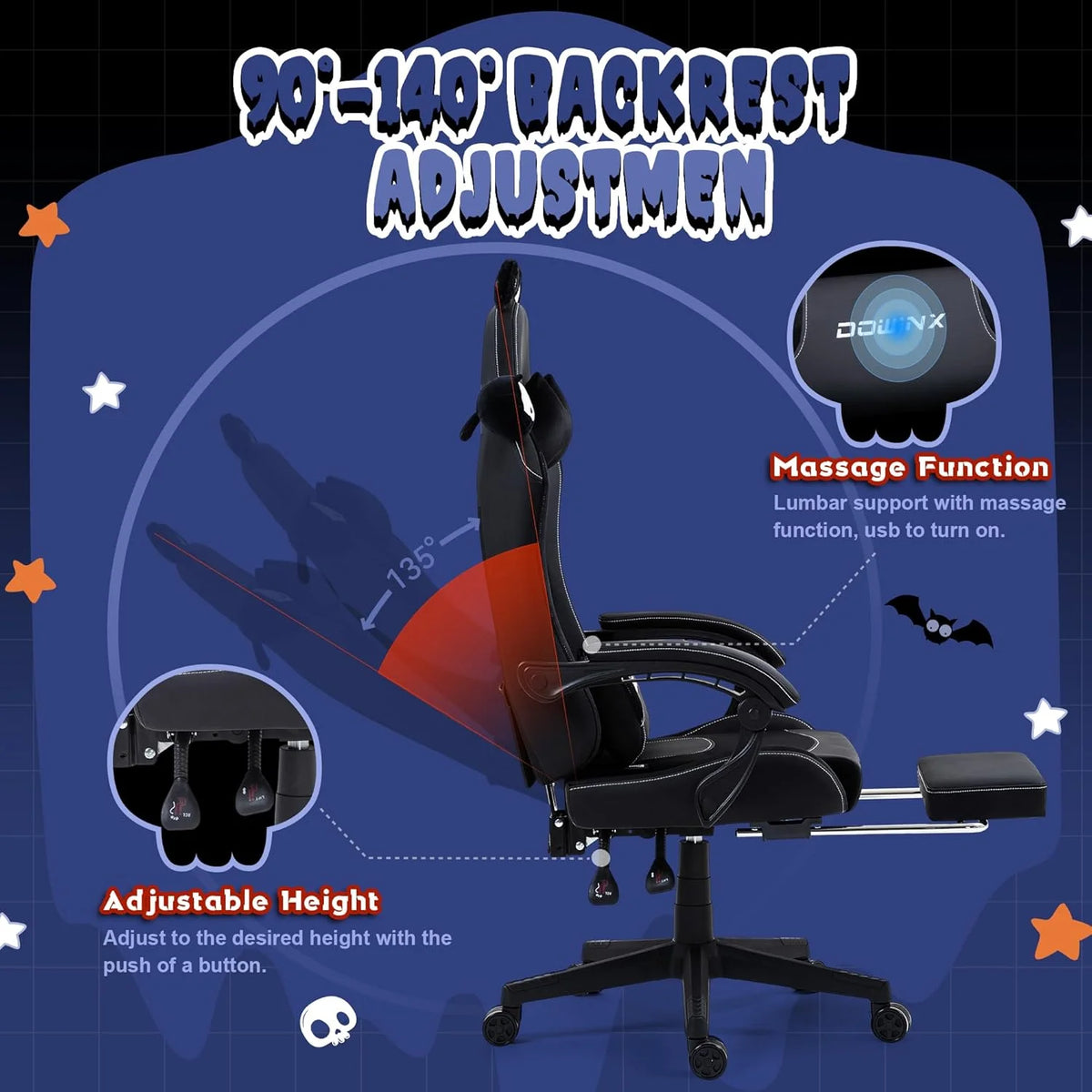 Dowinx Gaming Chair Cute with Cat Ears and Massage Lumbar Support, Ergonomic Computer Chair for Girl with Footrest and Headrest, Comfortable Reclining Game Chair 290lbs for Adult, Teen, Blue Green