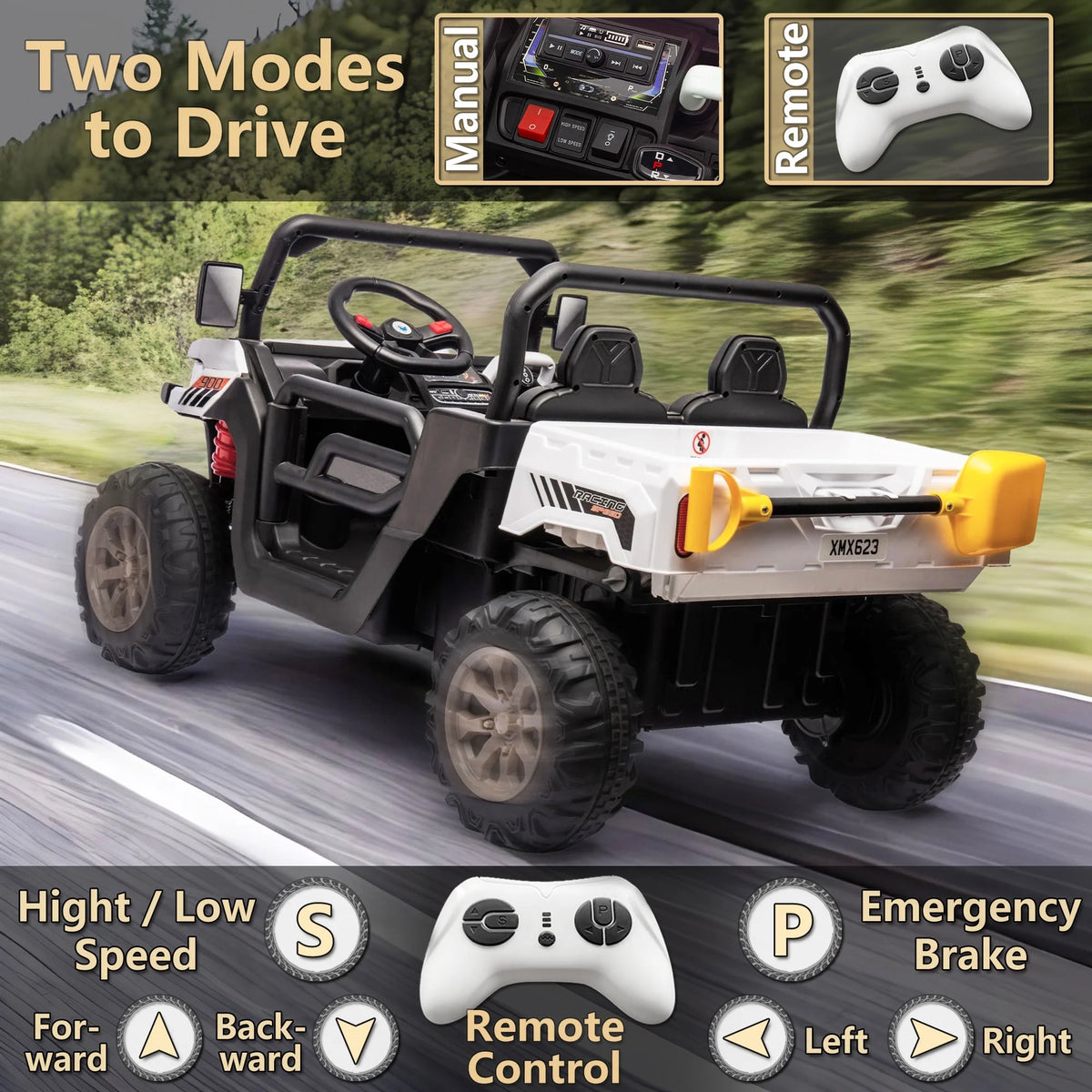 Xuanlur 24V 2 Seater Kids Ride on Car Truck, Ride on UTV W/ 2x200W Motor, 24 Volt Ride on Toys W/ Dump Bed/Shovel, Electric Car for Kids W/ Durable Tires, LED Light, Music, Remote Control, Black