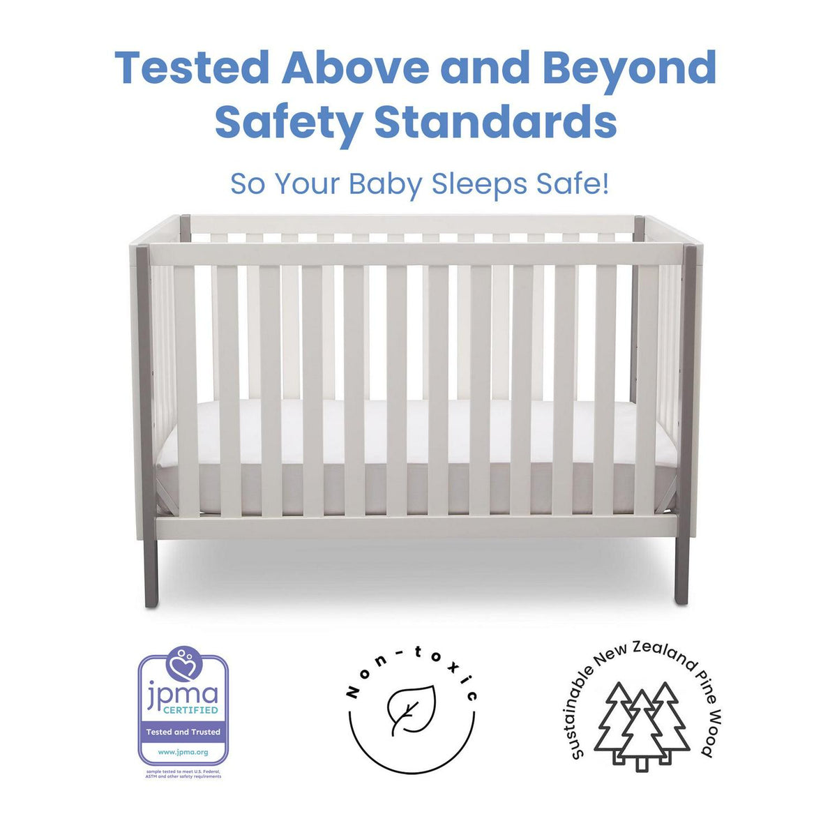 Delta Children Milo 3-in-1 Convertible Crib. Greenguard Gold Certified. Bianca White/Grey