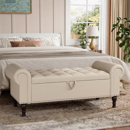 Gelloan Storage Ottoman Bench for Bedroom,Upholstered Bedroom Bench with Rolled Arms and Rivets, Storage Chest for Living Room,Grey,51 Inches
