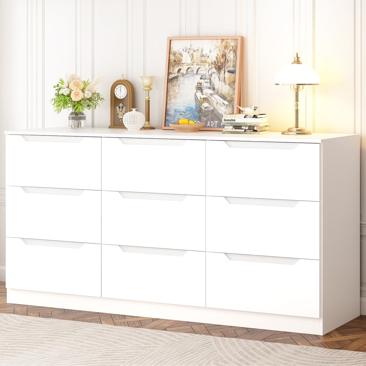Winkalon 9 Drawers Double Dresser, Modern Wood Dresser Chest of Drawers with Large Storage Space for Bedroom,Living Room, Hallway, Black
