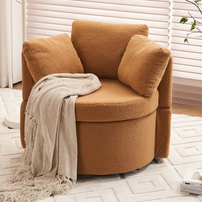 Swivel Barrel Chair, Teddy Round Swivel Accent Sofa Chairs with 3 Pillows and Storage, Modern 360 Degree Boucle Swivel Chairs for Living Room, Bedroom, Office (Dark Gray, Teddy)