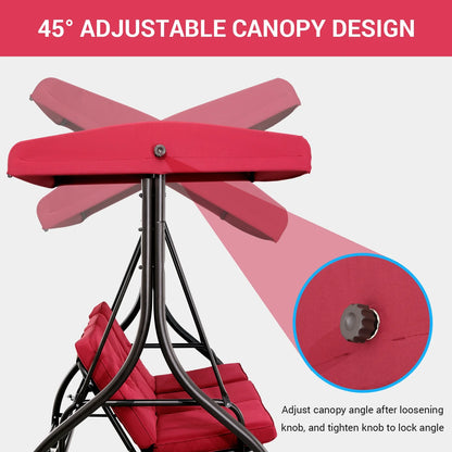 Pirecart 3 Person Patio Porch Swing Outdoor Converting Swing Glider Hammock with Adjustable Canopy, Cushions, Red
