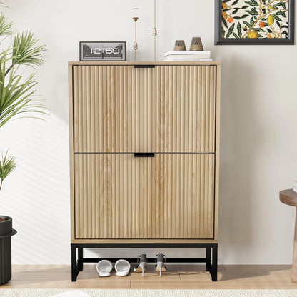 Oubayajia Modern Shoe Storage Cabinet, Wood Shoe Rack Organizer with 2 Flip Drawers, Freestanding Narrow Shoe Cabinet for Entryway Hallway, Natural