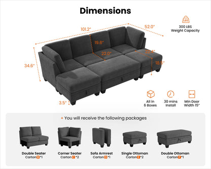 CHIC HOUSE 154.5" Sectional Sofa with Storage Ottoman Chaise, Corduroy U Shaped Sofa Convertible Sectional Couches for Living Room, 12 Seater Corner Modular Sofa with Deep Seat Throw Pillows, Green