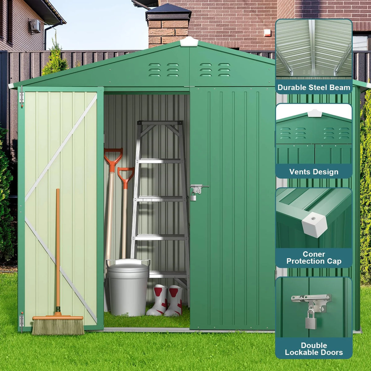 Lofka 8 x 6 ft. Outdoor Metal Storage Shed with Lockable Door for Backyard, Green Storage Shed