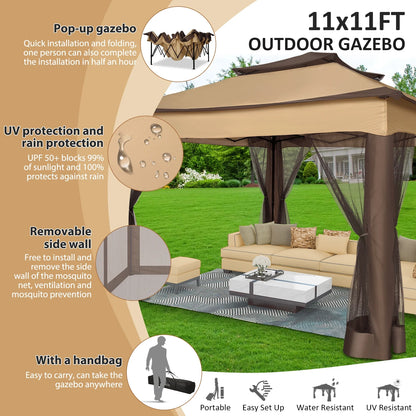 COBIZI 12x12 Outdoor Gazebo Pop Up Gazebo Canopy with Mosquito Netting Patio Tent Backyard Canopy with 2-Tiered Vented Top 3 Adjustable Height, Beige