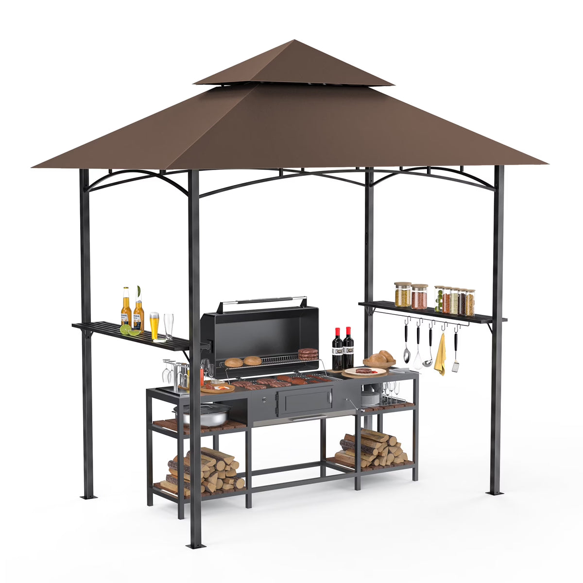 GVDV 8'x 5' Grill Gazebo Canopy, Outdoor BBQ Gazebo Shelter with 2 Side Shelves & Double-Tiered Top