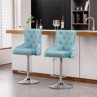 Alexent  2PCS Swivel Bar Stools, High Back, Button Tufted, Silver Footrest and Nailhead Trim Swivel Bar Chairs for Kitchen, Bar Velvet Upholstered Bar Stools, Dark Blue