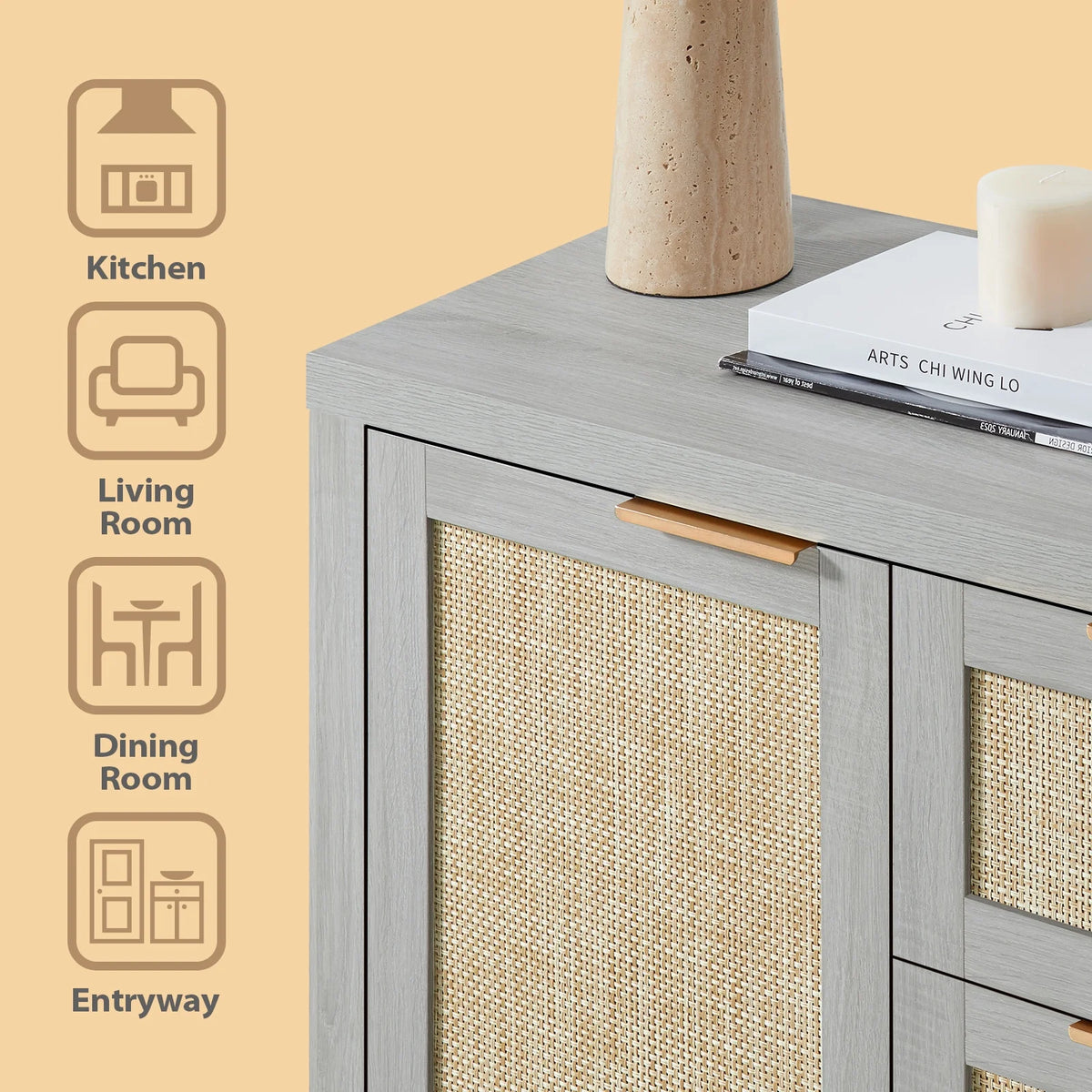 ARKANTOS Sideboards and Buffets, Boho Storage Cabinets with Rattan Doors and Drawers, Natural Oak