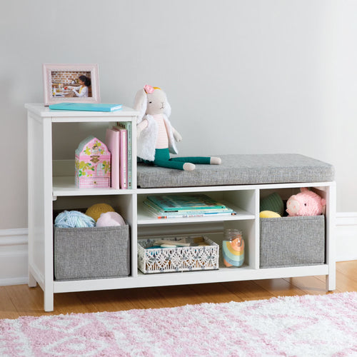 Martha Stewart Kids' Jr. Reading Nook with Bins - Linen White: Kids Wood Bookshelf and Storage Bench with Open Shelves and Canvas Storage Bins for Toys, Games, and Books
