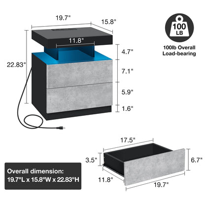 Hommpa LED Nightstand with Wireless Charging Station Modern Nightstand Type C USB Port 2 Drawers Bedside Table Black Smart Night Table High Gloss End Side Table for Bedroom Furniture 22.3" Tall