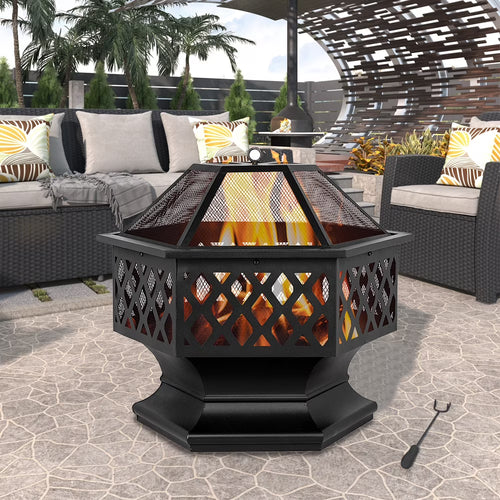 Outdoor Wood Burning Fire Pit, 24" Hexagon Metal Fire Pit for Patio with Poker, Spark Screen, Hex Shaped Fire Pit BBQ Grill, Garden Firepit Stove for Camping Picnic Bonfire Backyard, JA2419