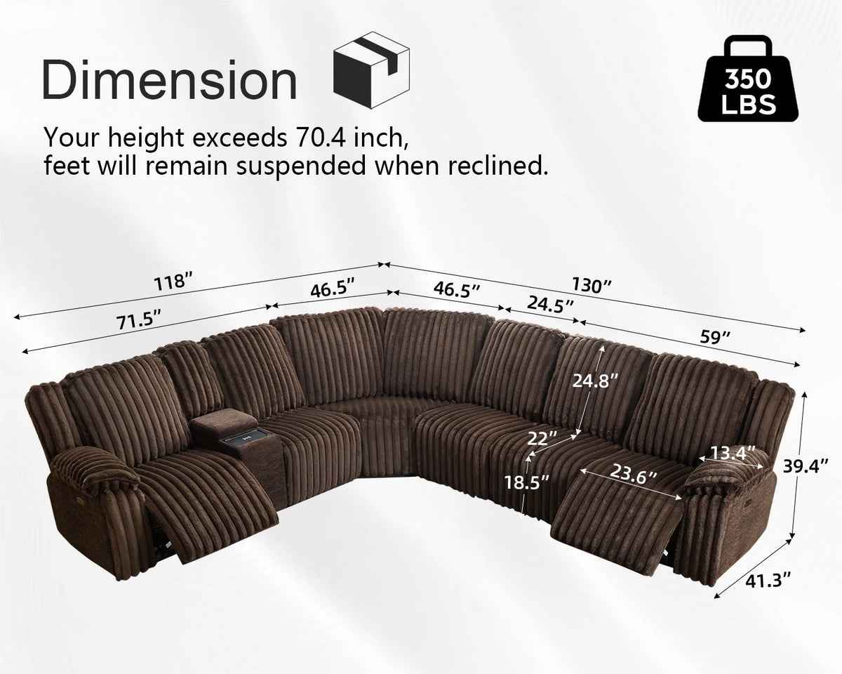 Power Reclining Sectional Sofa with Wireless Charger,6-Seater Faux Fur Sectional with Recliners,Hidden Cup Holders,Storage Console,USB & Type-C Ports,Black