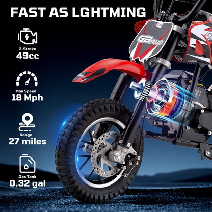49cc Dirt Bike for Kids, Tcdjtc Gas Dirt Bike with 27 Miles Max Range, Kids Dirt Bike with 18 MPH Max Speed, Gas Powered Dirt Bike with 132 LBS Capacity, Mini Motorcycles for Kids, Gas Mini Bike
