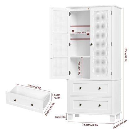 Homfa Bathroom Cabinet with Rattan Doors, Rattan Linen Storage Cabinet with 2 Drawers, Oak