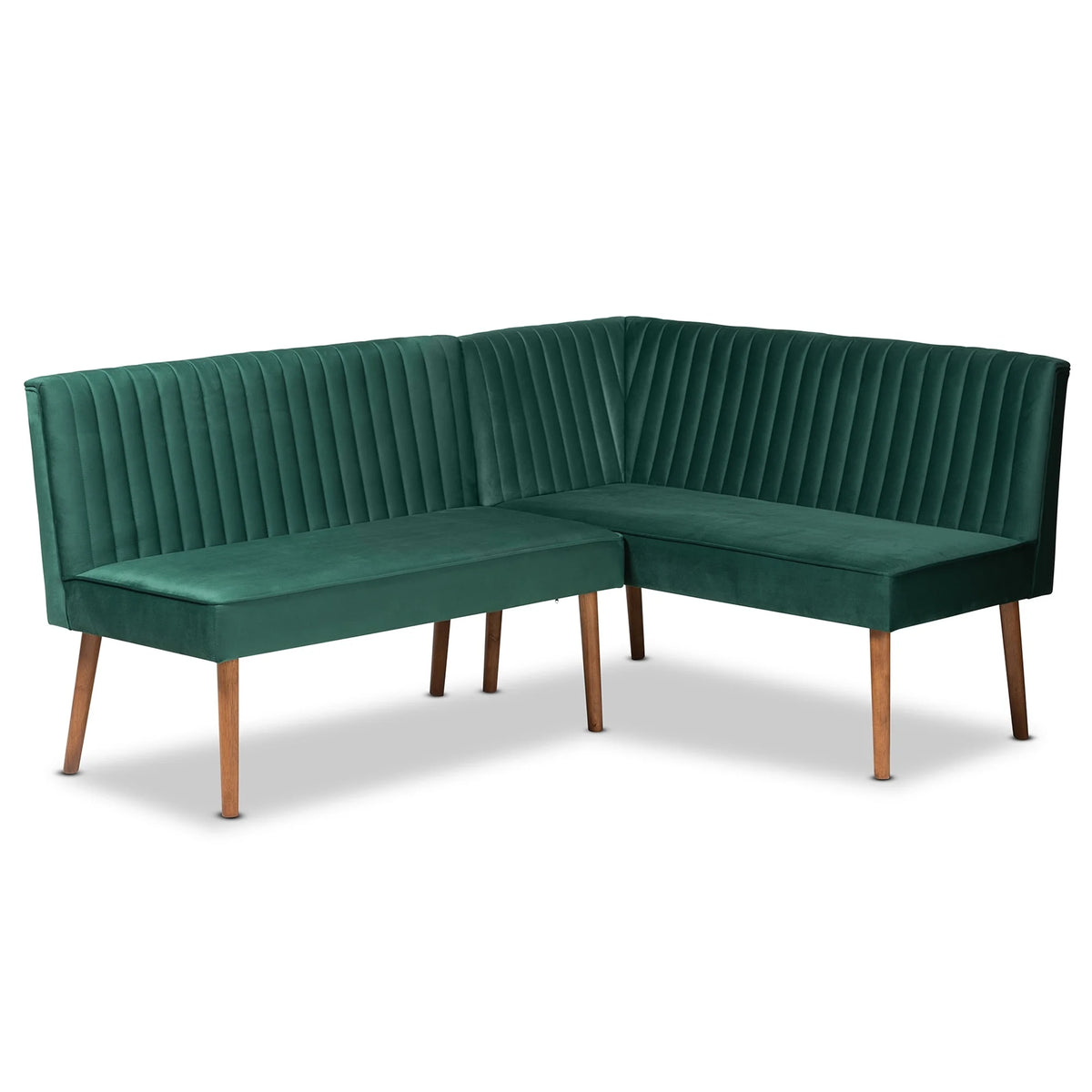 Baxton Studio Alvis Mid-Century Velvet Dining Nook Banquette Set(2PC) Emerald Green, Walnut Brown