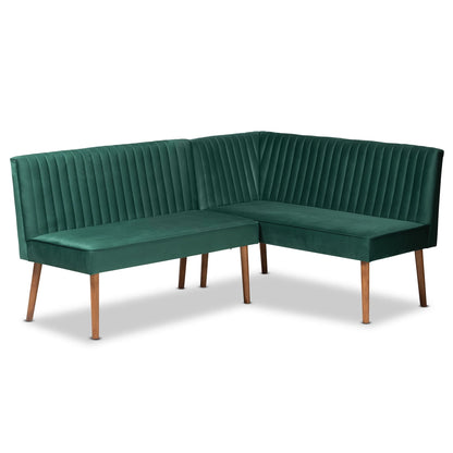 Baxton Studio Alvis Mid-Century Velvet Dining Nook Banquette Set(2PC) Emerald Green, Walnut Brown