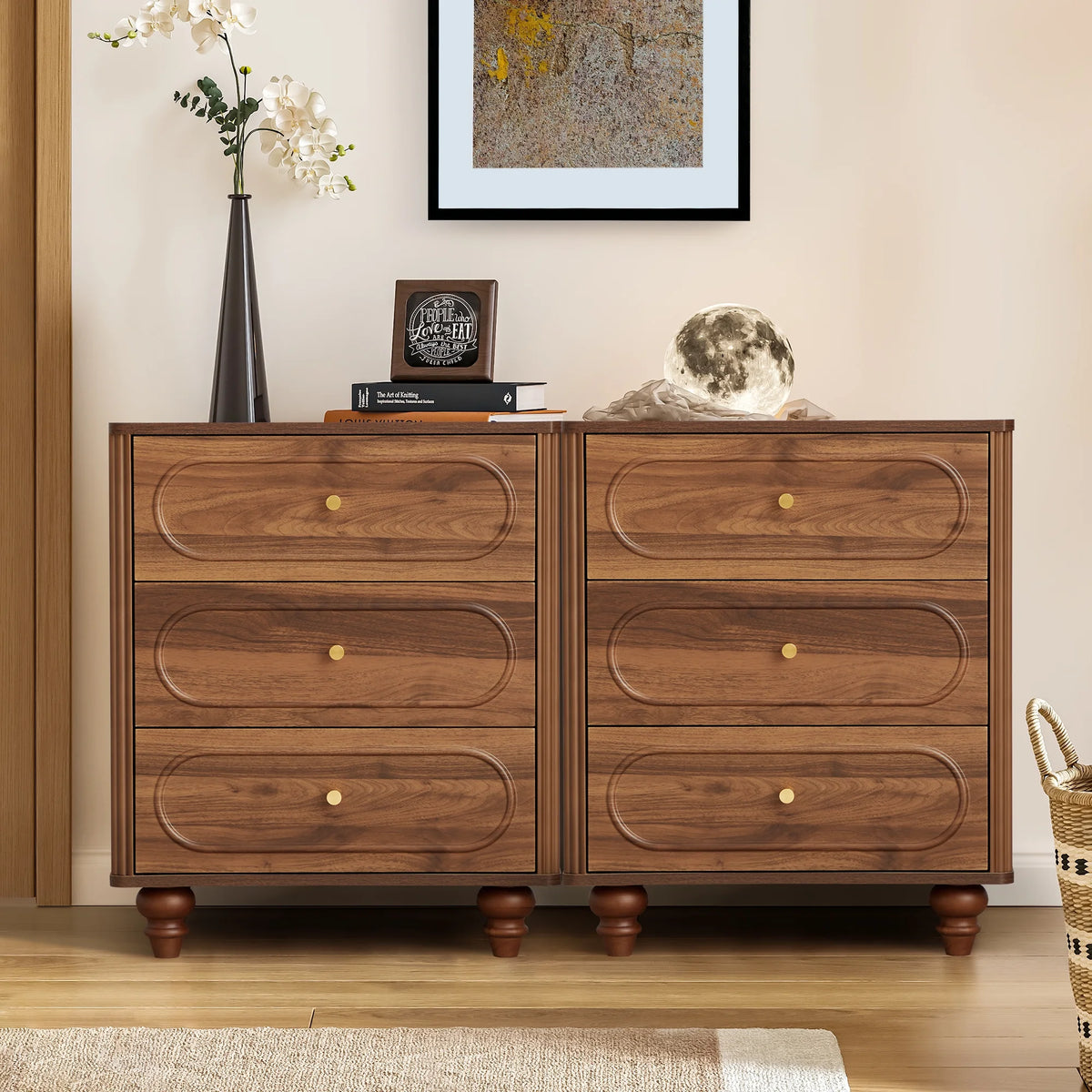 YOCWO 3 Drawer Nightstand, Classic Chest of Drawers with Arc Edge, Walnut