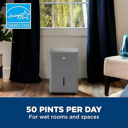 GE 50 pt. Dehumidifier for Wet Rooms up to 1500 sq. ft. with Built-in Pump in Grey, ENERGY STAR