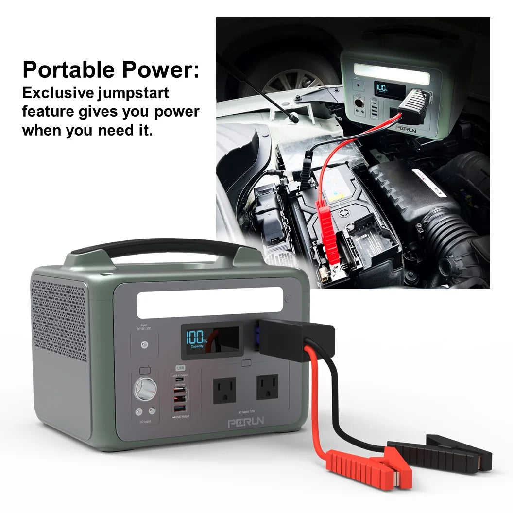 PERUN Portable Power Station Pure Sine Wave Solar Generator, 1200 Peak starting Watts 600 Watts continuous Powered by Yard Force, Jumpstart capable, LED light, home, camping, electronic devices