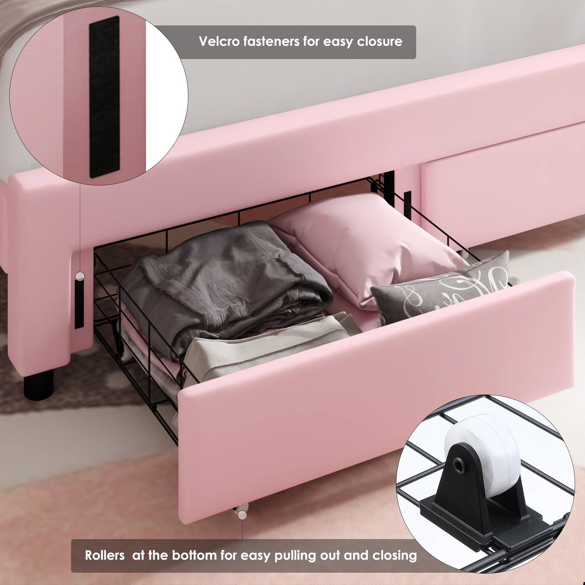 Homfa Full Size Bed, LED Upholstered Bed with Adjustable Crystal Button Tufted Crown Headboard, Soft PU Princess Platform Bed with Storage Drawers, Pink