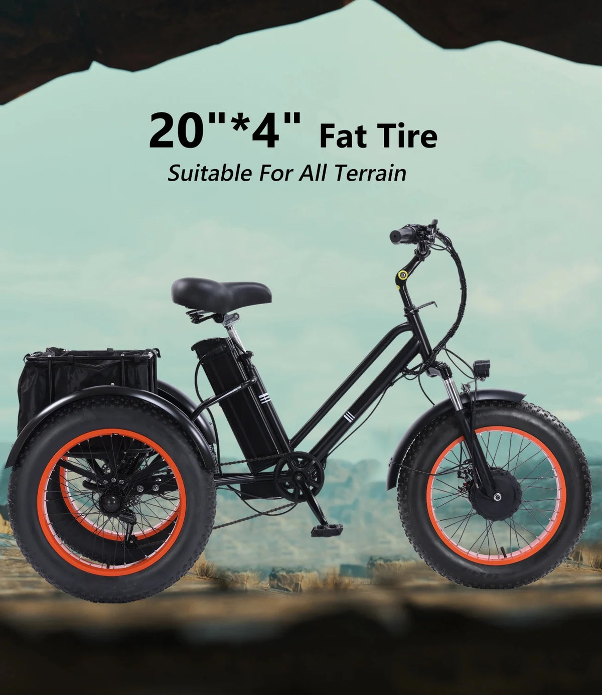 YEBEI Electric Tricycle for Adults Folding E-Trike Motorized Tricycle Electric 3 Wheels Trike Powerful 500W Motor Electric Tricycle 48V15AH Lithium Battery Max 20MPH 20*4.0” Fat Tire Orange