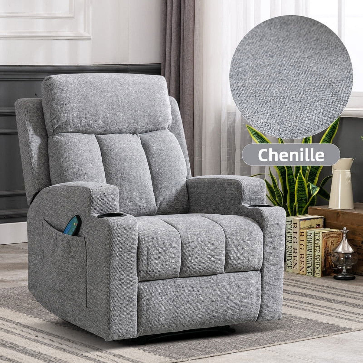 Bonzy Home Heated Manual Massage Recliner with Cup Holder Padded Breathable Fabric Recliner, Home Theater Seating��Navy