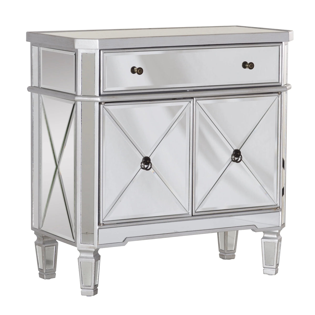 Powell Deville 2-Door Single Drawer Indoor Console Table with Shelves, Mirrored Surfaces and Luxe Silver Wood