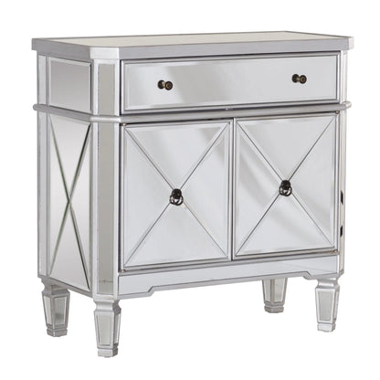 Powell Deville 2-Door Single Drawer Indoor Console Table with Shelves, Mirrored Surfaces and Luxe Silver Wood