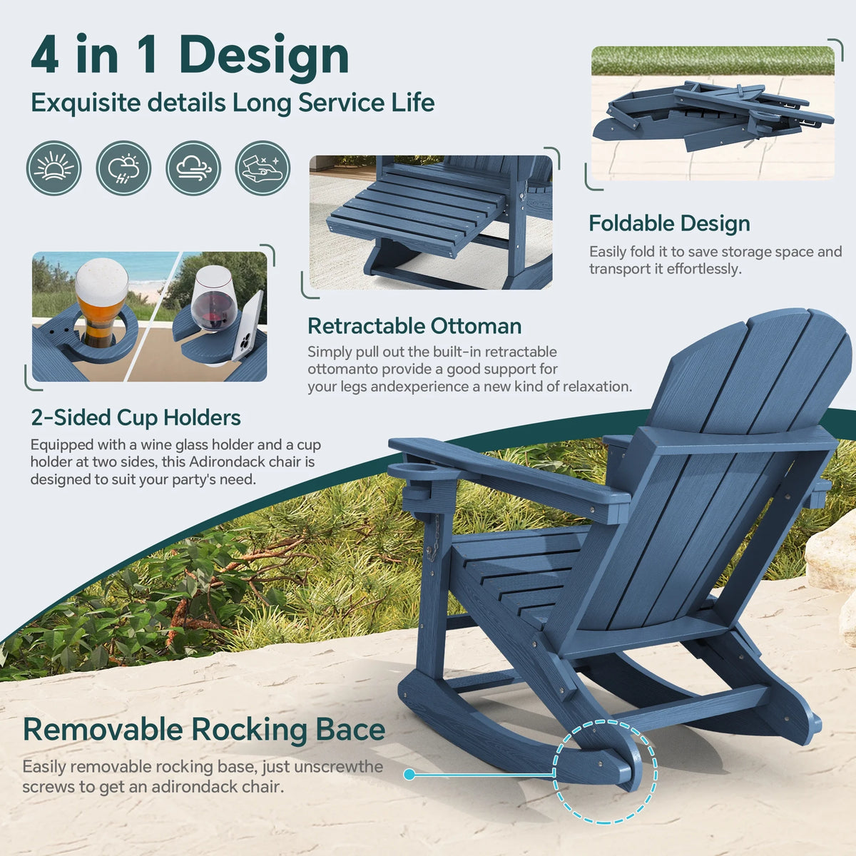 KINGYES Folding Adirondack Rocker Chair Set of 2 W/ Footrest & Dual Cup Holders, HDPE Outdoor Patio Rocking Chair, Black